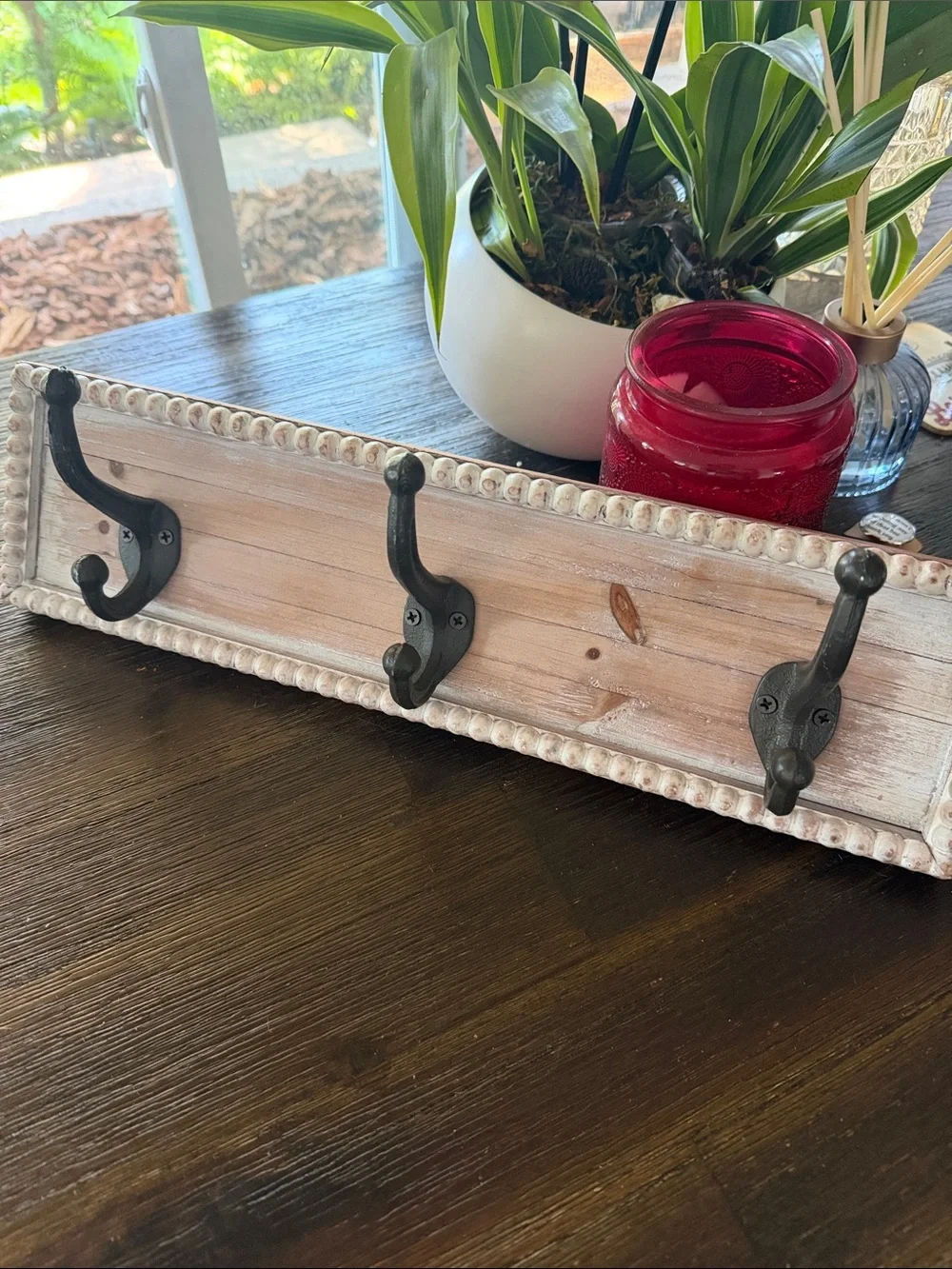 Beige Pink Wooden Wall Hook Rack - 3 hooks